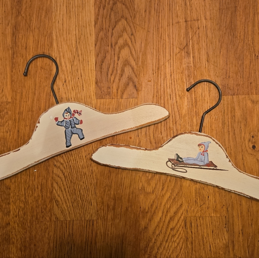 Vintage Childrens Wooden Hangers Set (2) Hand Painted Winter Nursery Decor 1950s